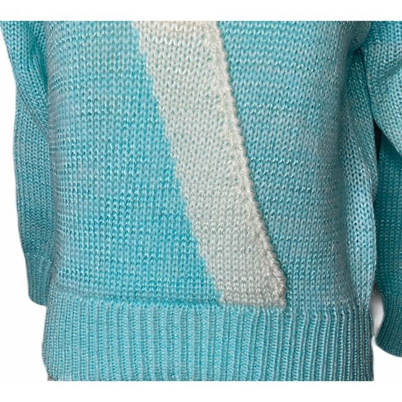 Vintage Charlotte VanHorne Turquoise Blue White Embellished V Neck Sweater Sz L - Picture 8 of 10